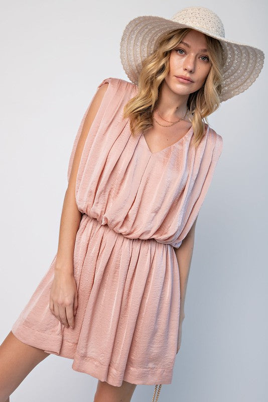 Dull Stain Sleeveless Pleated Dress Rose Gold