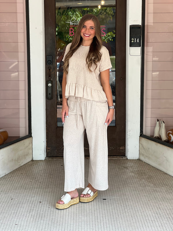 Smocked Waist Boho Pants With Pockets Light Beige