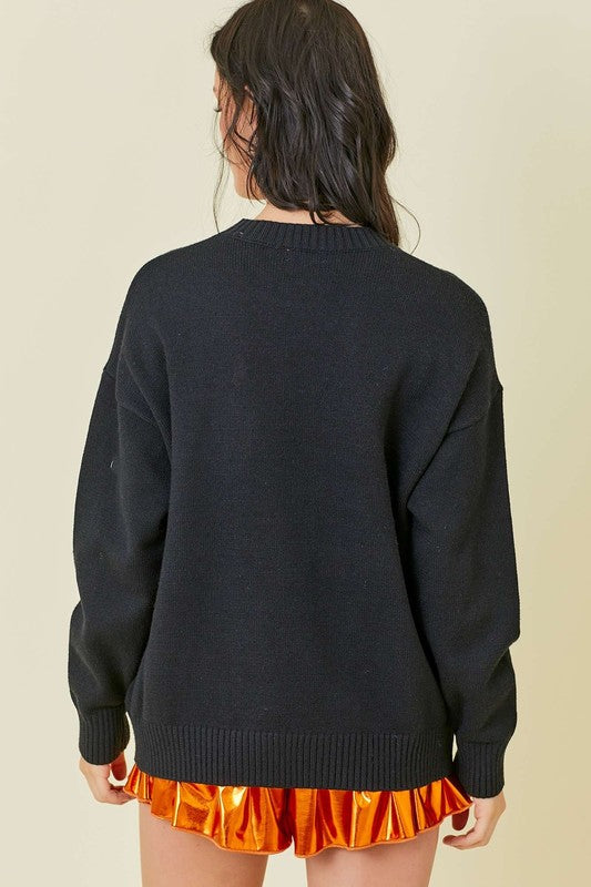 Halloween Trick Or Treat Sequin Sweater Black