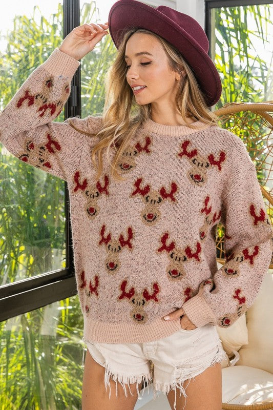 Rudolph Pattern Christmas Knit Sweater Oatmeal