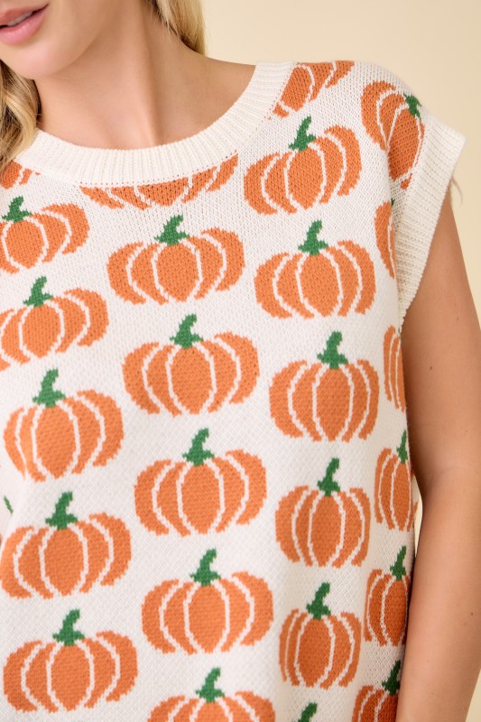 Pumpkin Print Sleevless Sweater Knit Top Ivory