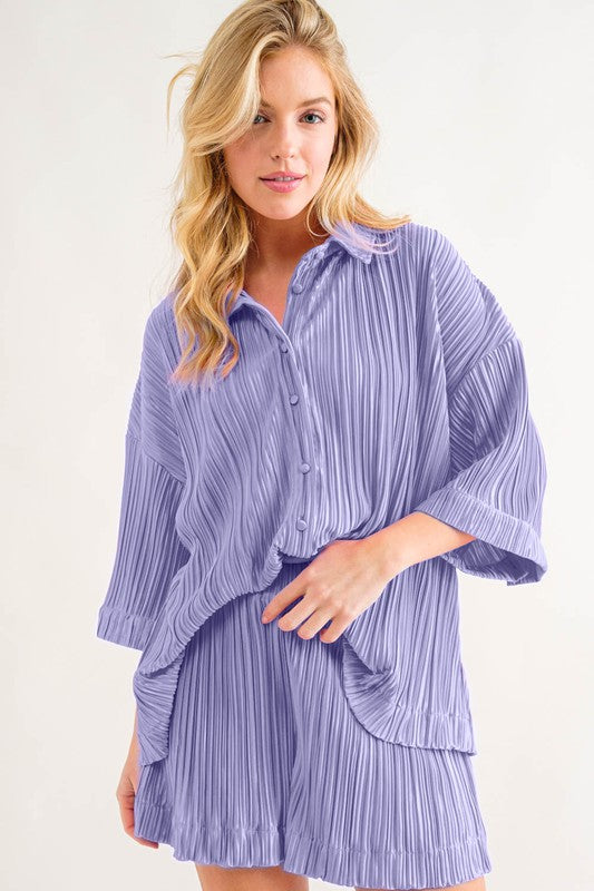 Pleated Button-Up Shirt & Shorts Set Lavender