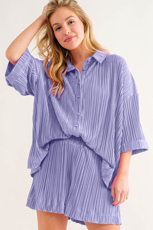 Pleated Button-Up Shirt & Shorts Set Lavender