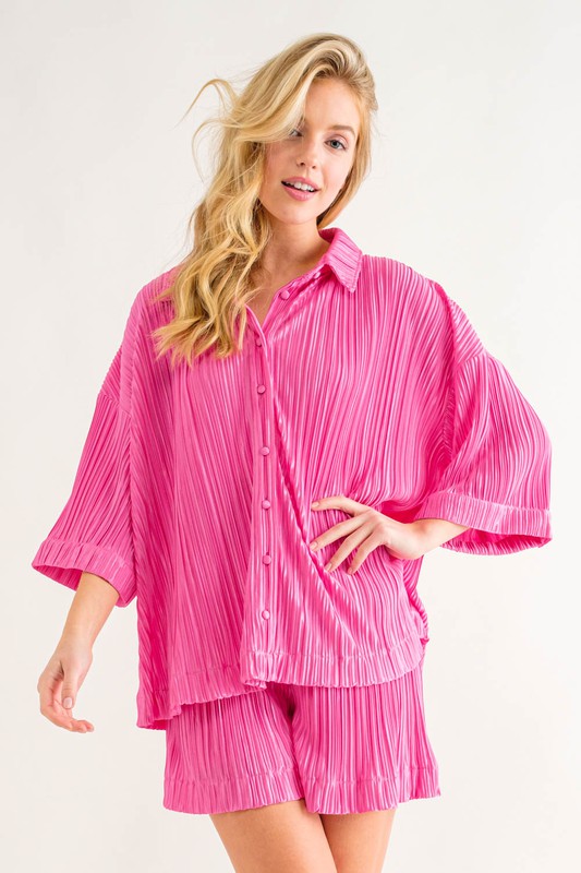 Pleated Button-Up Shirt & Shorts Set Pink