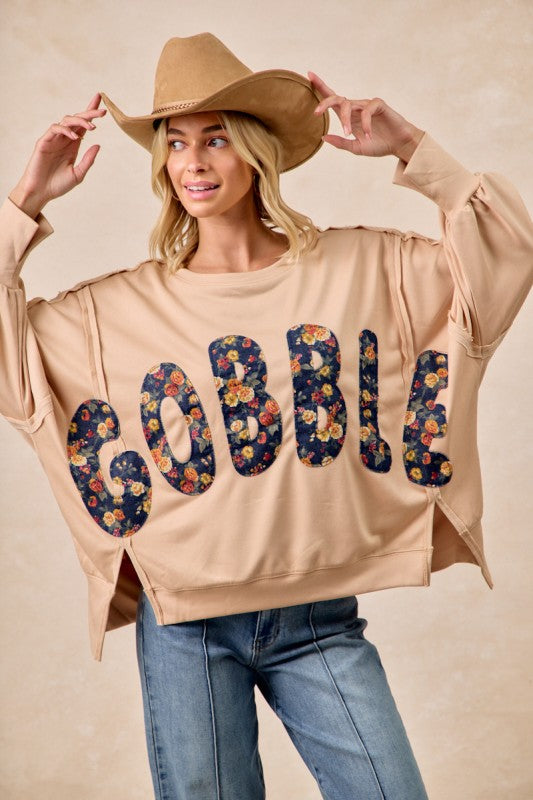 Thanksgiving Gobble Letter Patches Top Latte