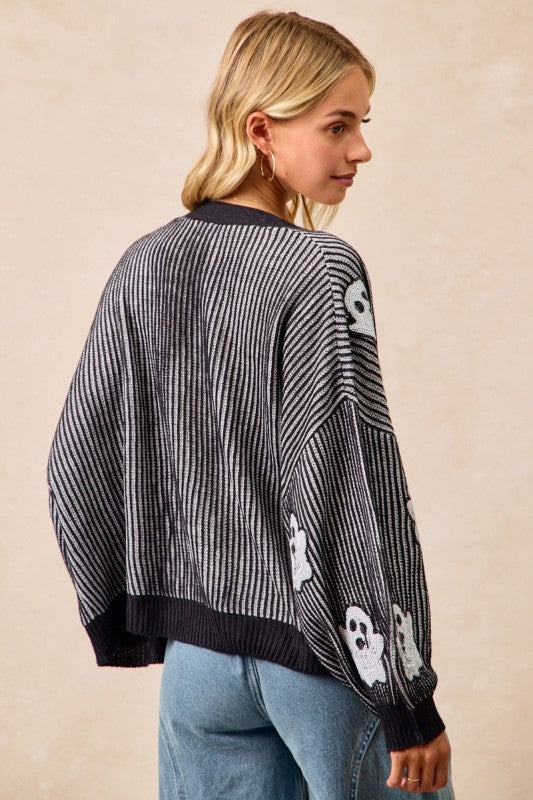 Halloween Ghost Theme Knit Cardigan Black
