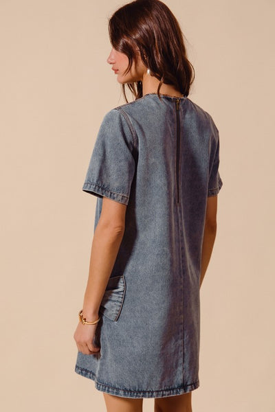 Bow Ribbon Knot Applique Mini Dress Denim