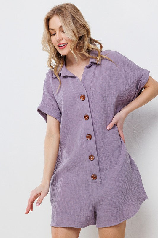 Collared Roll-Up Sleeve Gauze Romper Lavender