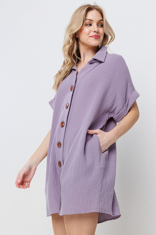 Collared Roll-Up Sleeve Gauze Romper Lavender