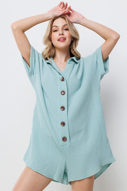 Collared Roll-Up Sleeve Gauze Romper Mint