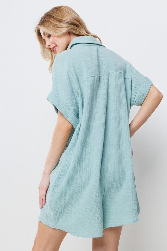 Collared Roll-Up Sleeve Gauze Romper Mint