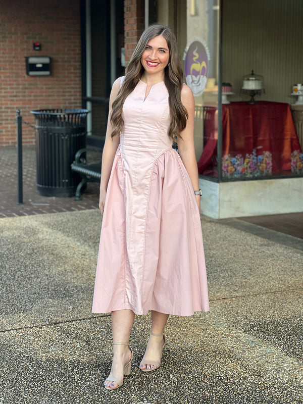 Split Neck Gather Detail Midi Dress Dusty Rose