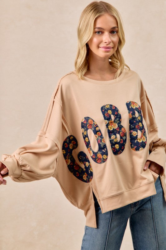 Thanksgiving Gobble Letter Patches Top Latte