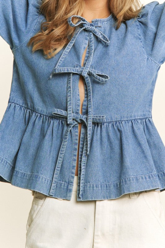 Tie Front Peplum Blouse Denim