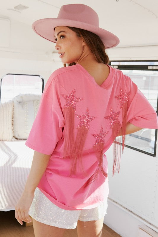 Fringed Star Sequin Patch Tee Pink