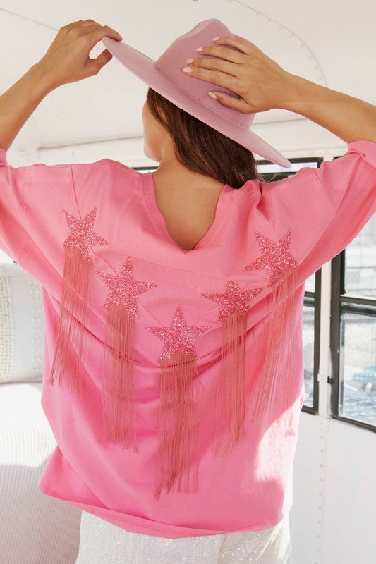 Fringed Star Sequin Patch Tee Pink
