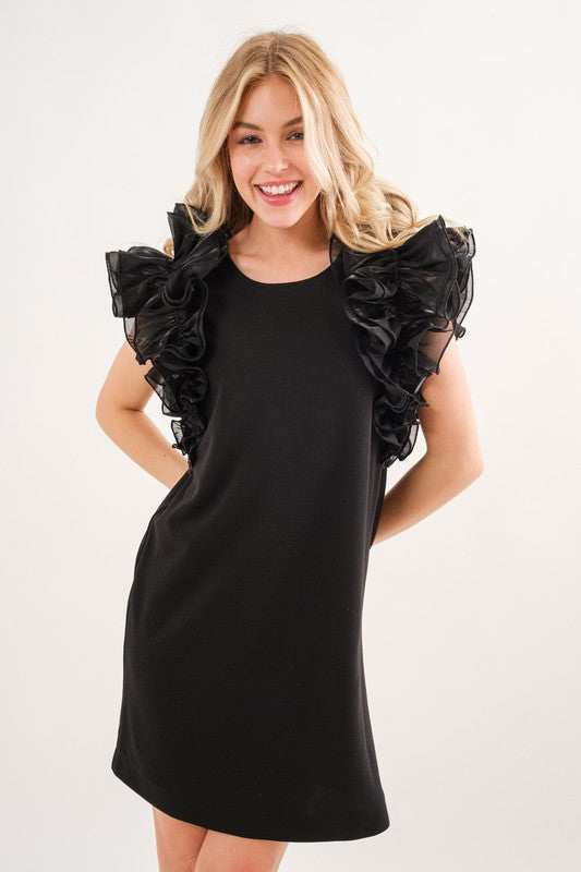 Organza Big Ruffle Sleeve Mini Dress Black