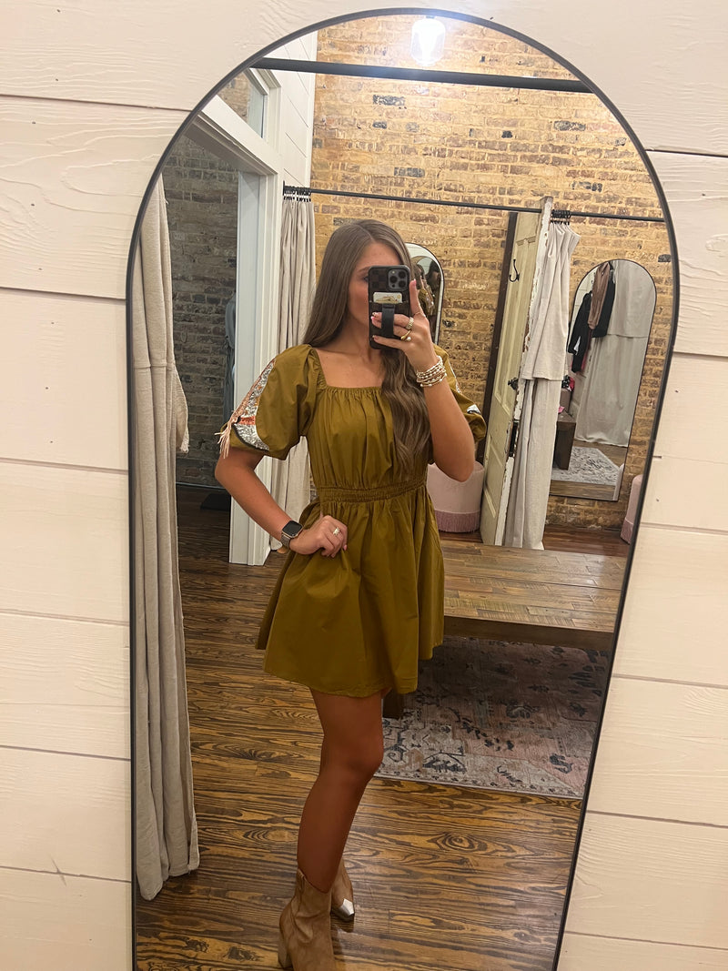 Western Sequin Patch Skater Dress Tan