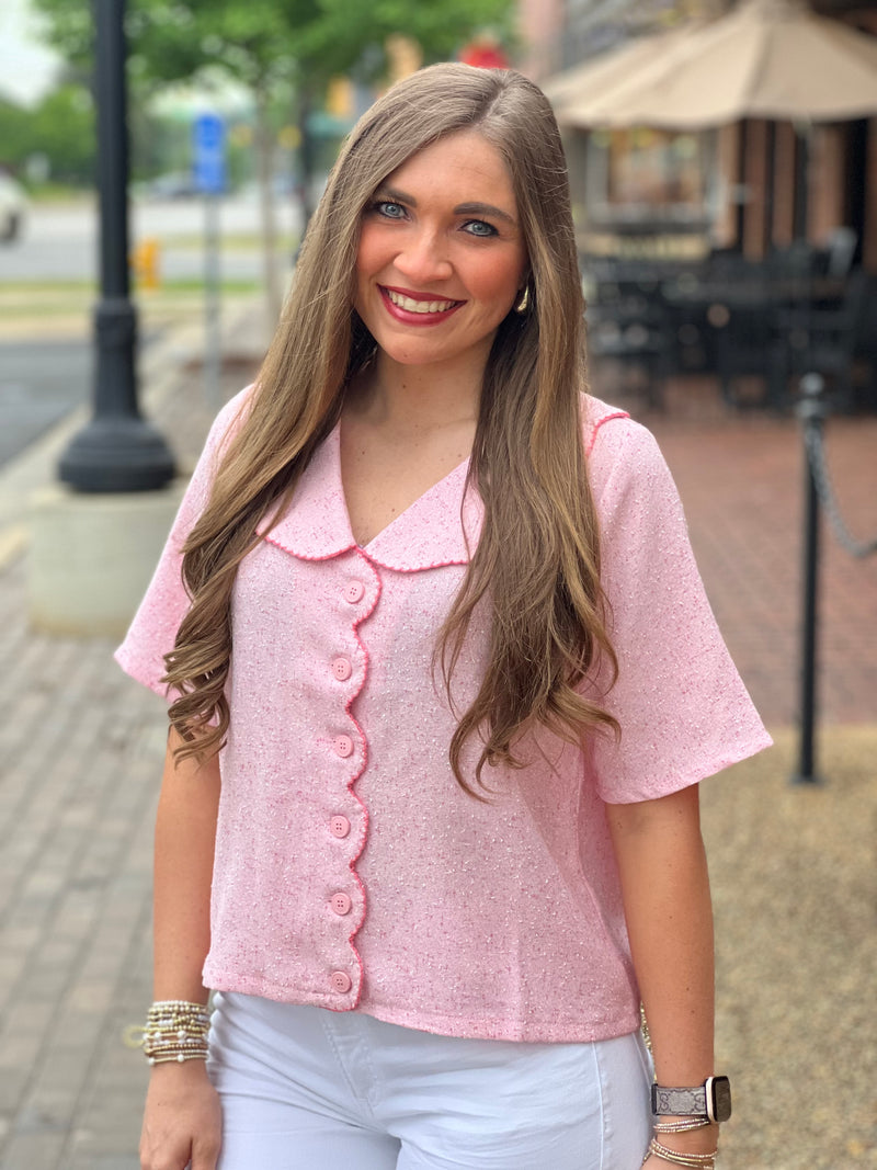 Scalloped Collard Tweed Top Pink