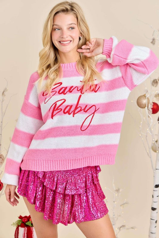Santa Baby Stripe Knit Sweater Pink