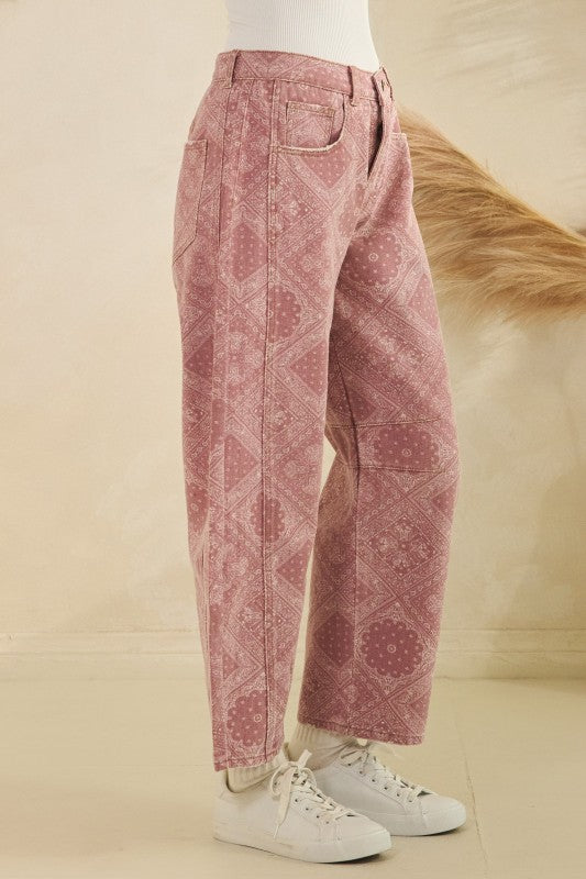 Paisley Printed Denim Pants Washed Pink