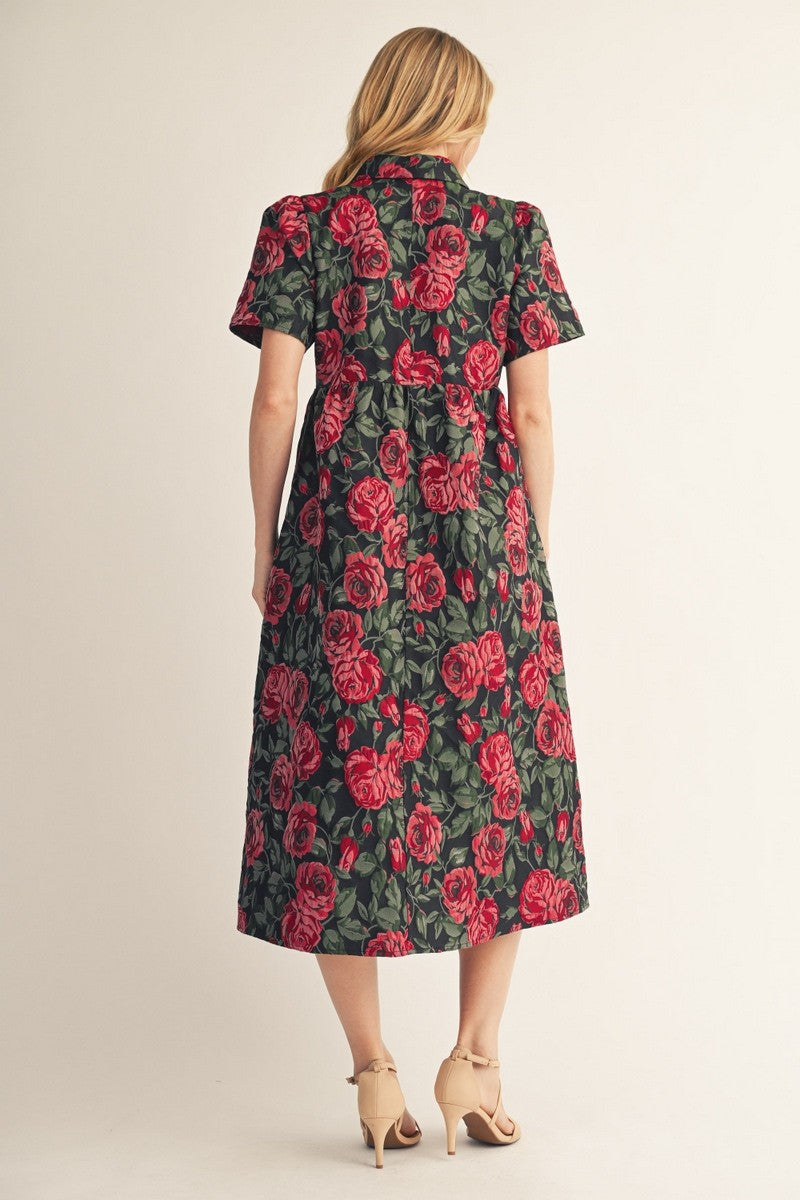 Puff Shoulder Floral Jacquard Midi Dress Black