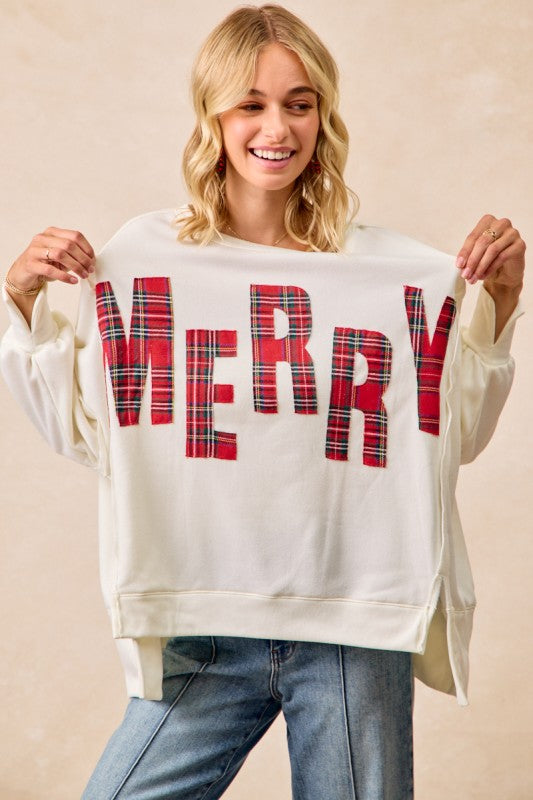 Christmas Plaid Merry Lettering Fleece Top White