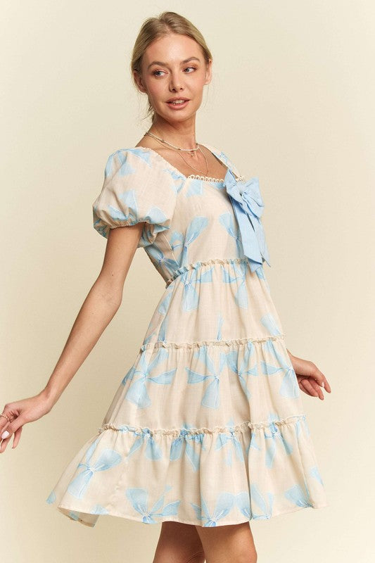Bow Printed Tiered Dress Blue