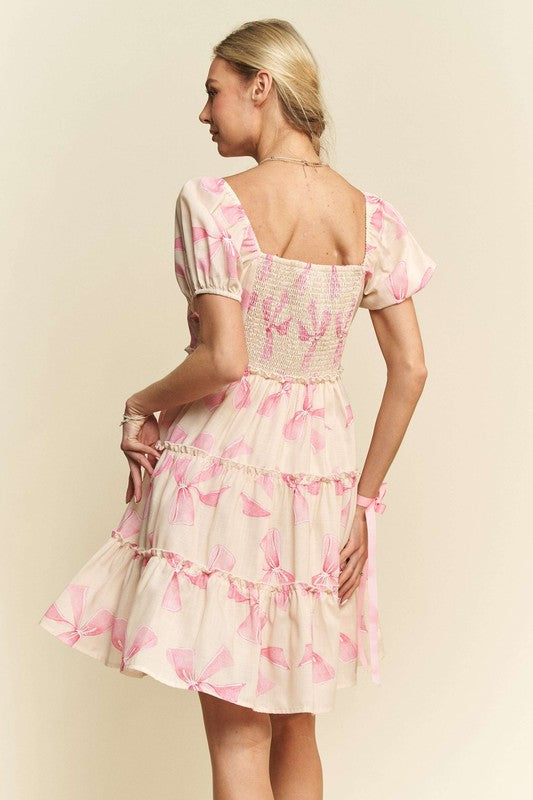 Bow Printed Tiered Dress Pink