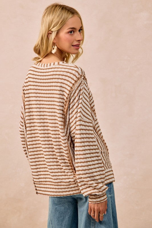 Textured Stripe Knit Open Seam Top Camel