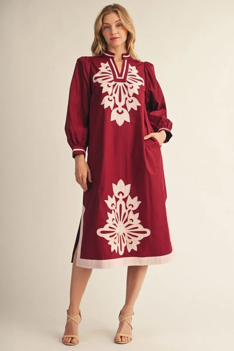 floral dress burgundy Applique Midi Size:14-REG Deme By Gabriella IRENE JULY 2026 100% Polyester