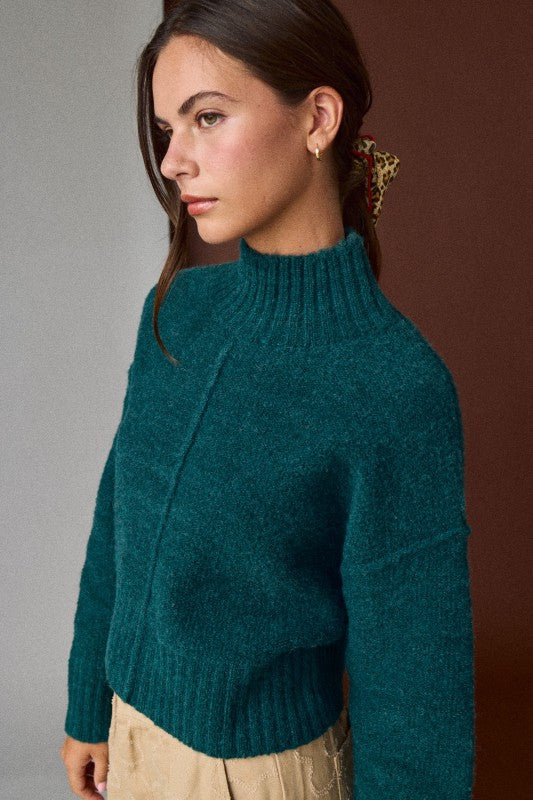 Ribbed Hem Mock Neck Sweater Emerald