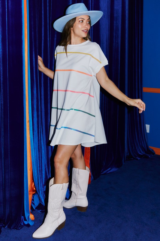 Mini Dress w/Sequin Rainbow Stripes White
