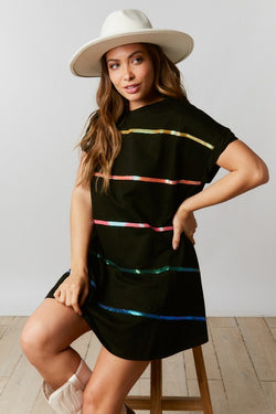Mini Dress w/Sequin Rainbow Stripes Black