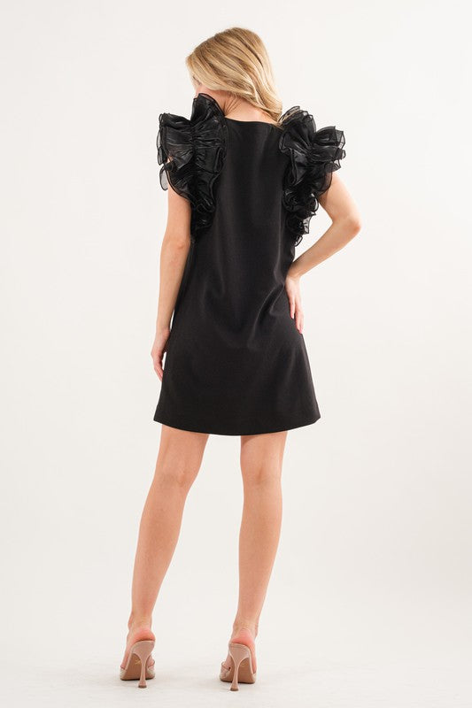 Organza Big Ruffle Sleeve Mini Dress Black