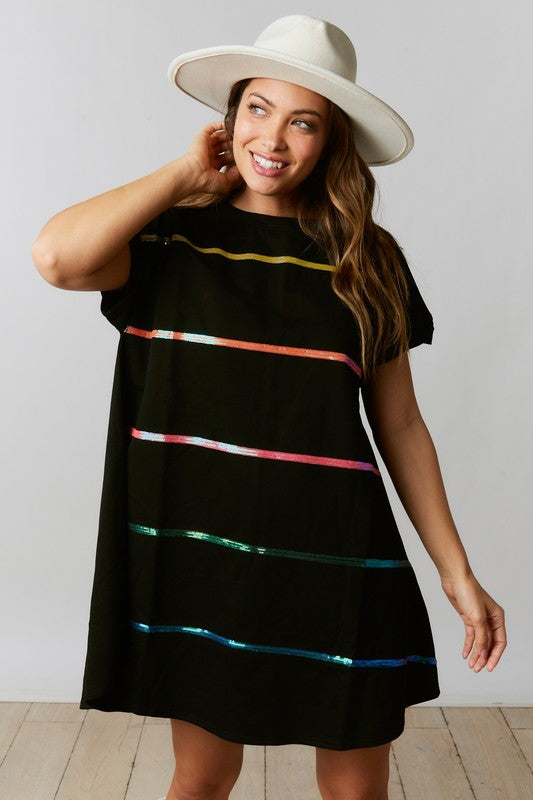 Rainbow Black And White Striped Sequin Dress Mini Dress W/Sequin Rainbow Stripes Black Southern Fashion Rainbow Black And White Striped Sequin Dress Mini Dress W/Sequin Rainbow Stripes Black Southern Fashion