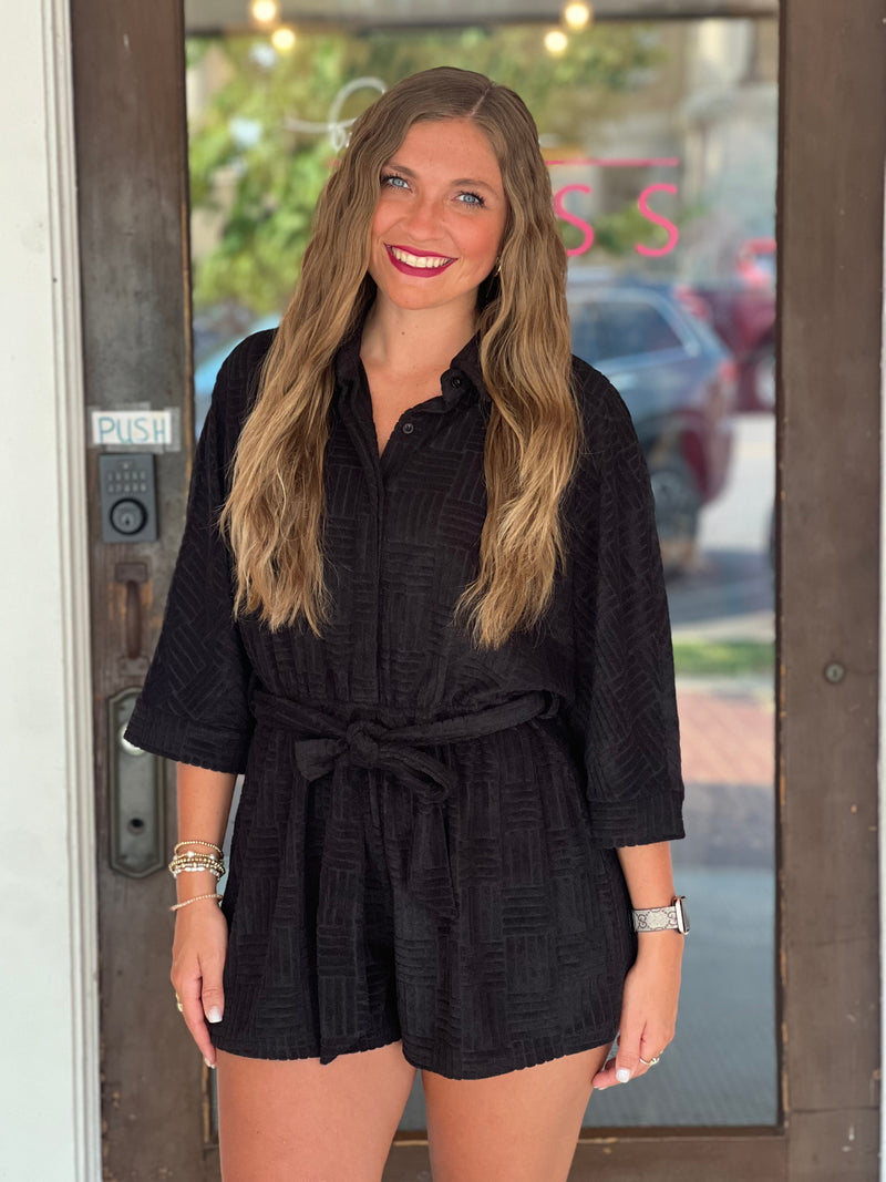 Towel Textured Beach Romper Black