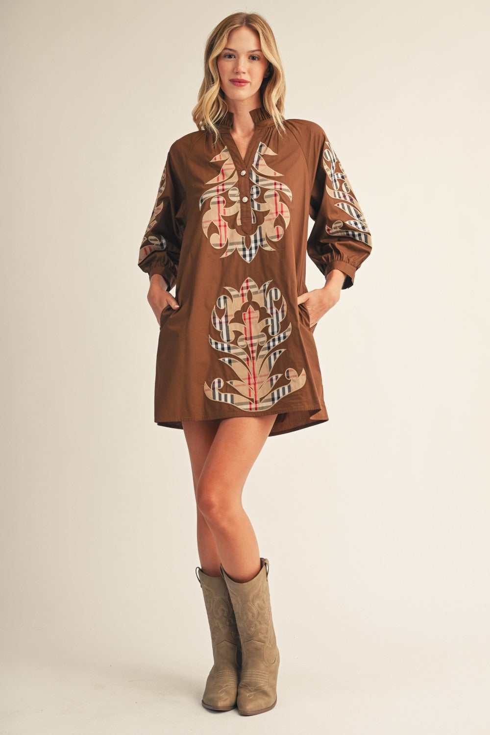 Check Pattern Baroque Applique Dress Brown