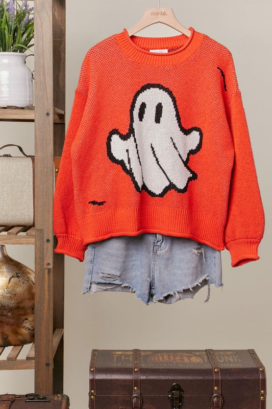 Halloween Spooky Face Ghost Knit Sweater Orange
