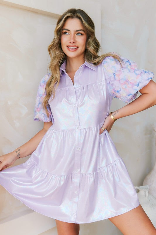 Floral Puff Sleeve Babydoll Dress Lavender