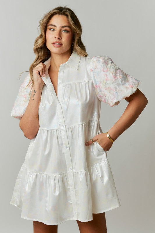 Floral Puff Sleeve Babydoll Dress White