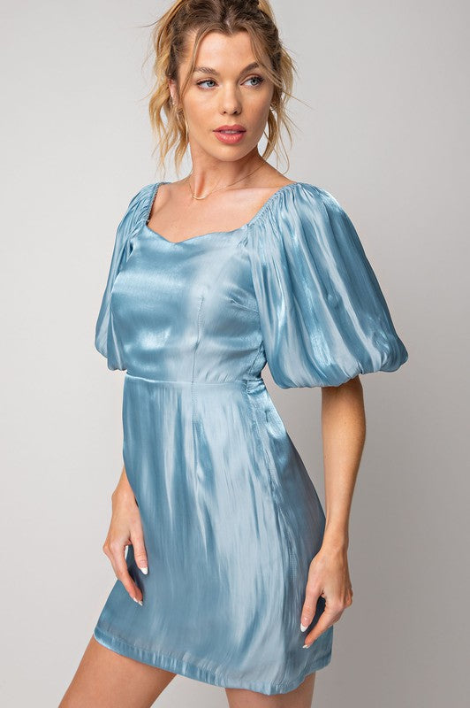 Shiny Satin Puff Sleeve Dress Blue