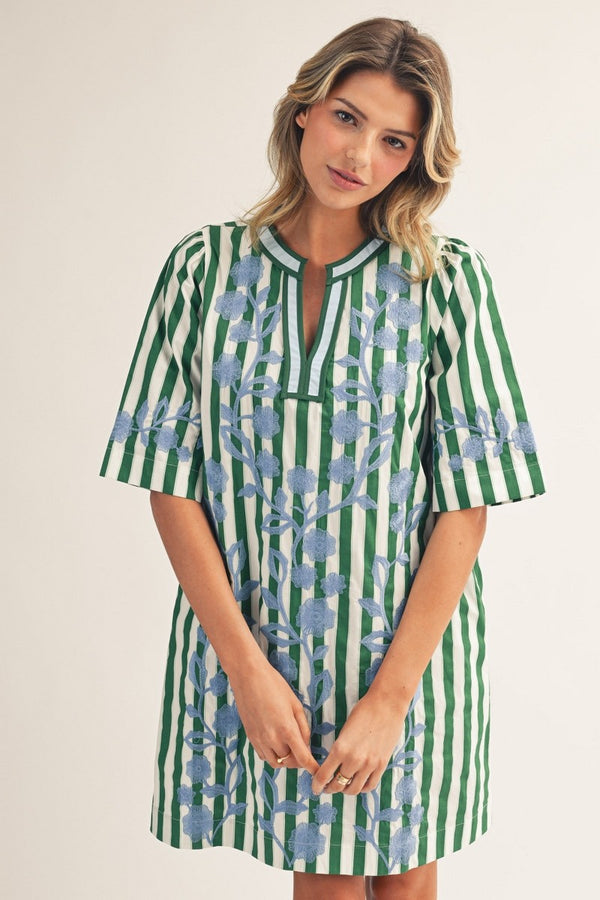 トップス Greed Native Embroidery Embroidery Detail Stripe Shift Dress Green - Southern Fashion