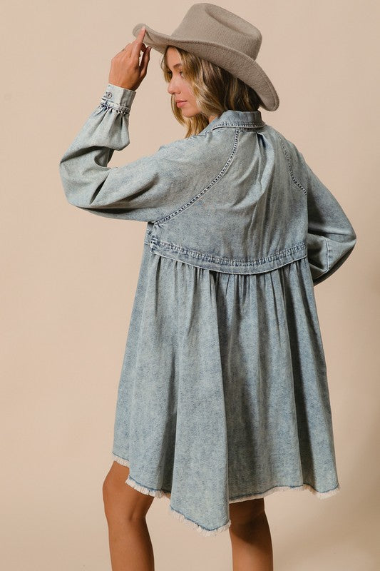 Mineral Washed Button Down Dress Light Denim