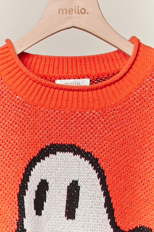 Halloween Spooky Face Ghost Knit Sweater Orange