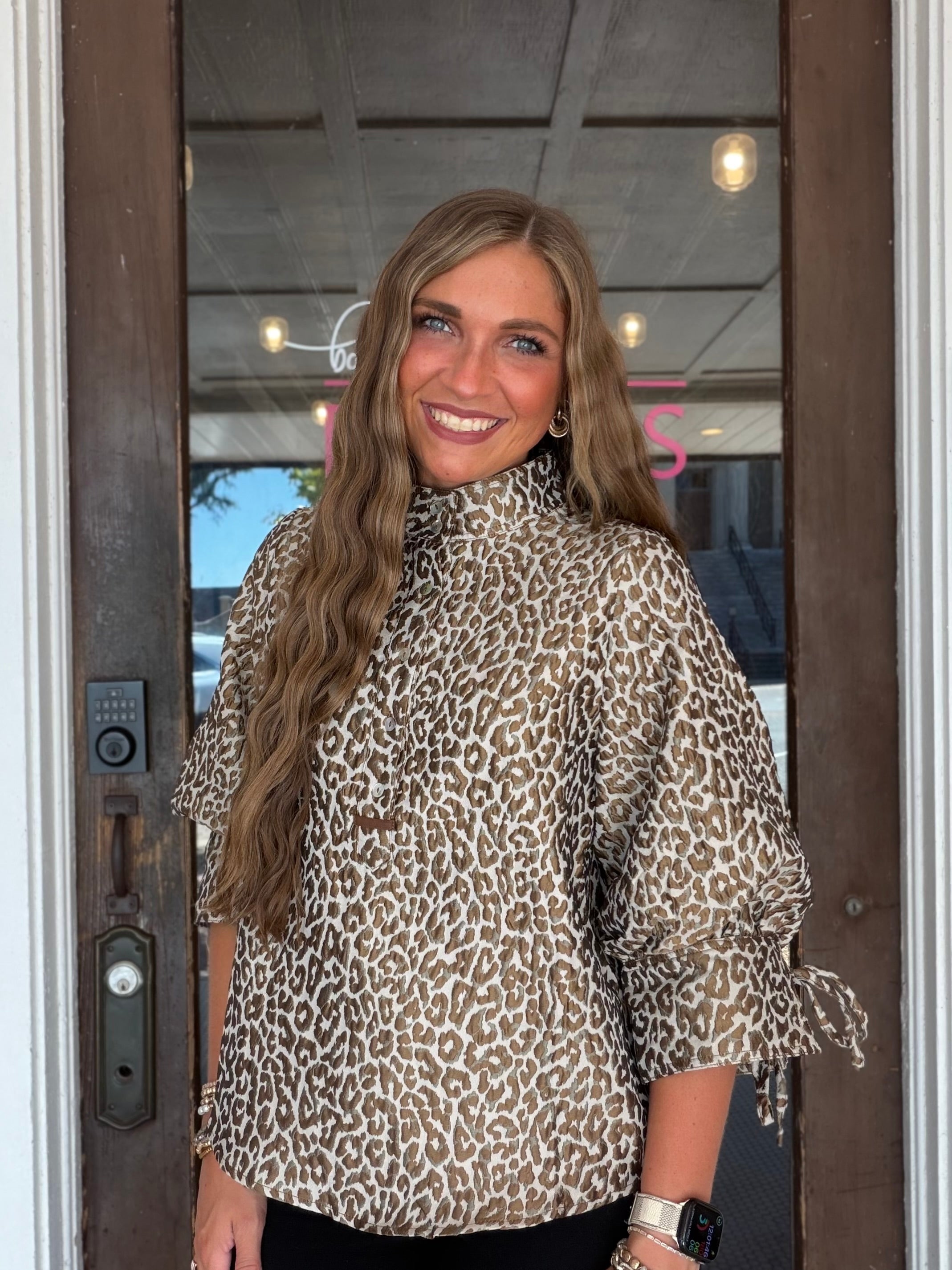 3/4 Button-Up Leopard Jacquard Top Taupe - Southern Fashion