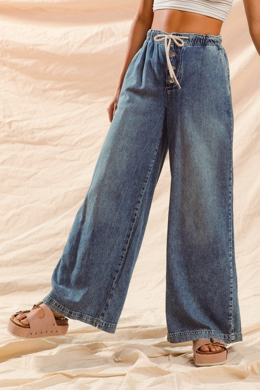 Wide Leg Pants With Drawstring Denim