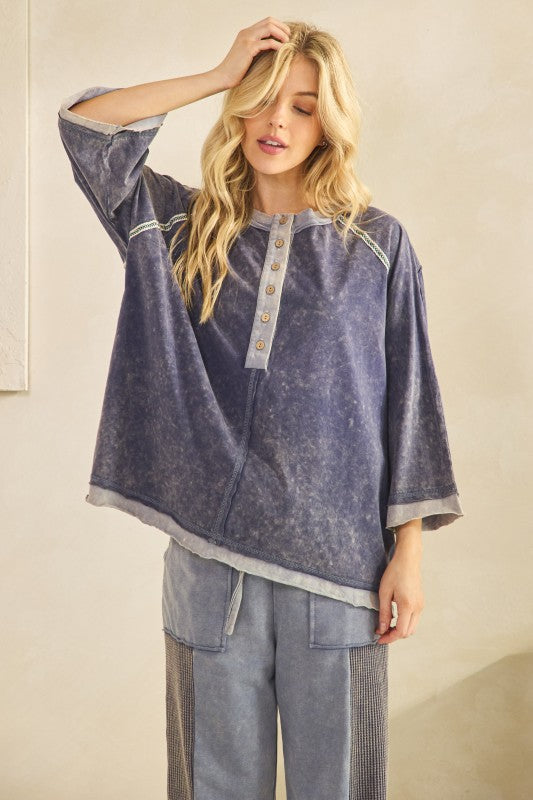 Mineral Wash Henley Pullover Top Navy
