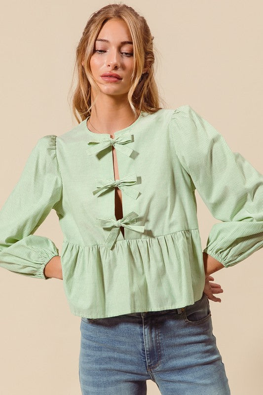 Pin Stripe Bow Ribbon Front Top Green