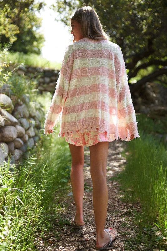 Distressed Fringe Stripe Cardigan Strawberry Milk
